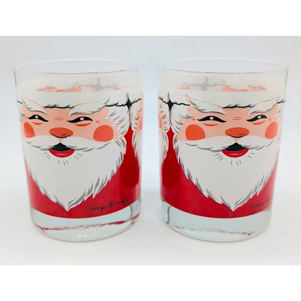 Vintage MCM Georges Briard Santa Claus Face Low Ball Glasses Set of 2 